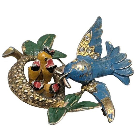 Vintage Fred Gray Blue Bird Brooch Nest Baby Birds Rhinestone Gold-Tone Pin USA - Picture 2 of 14